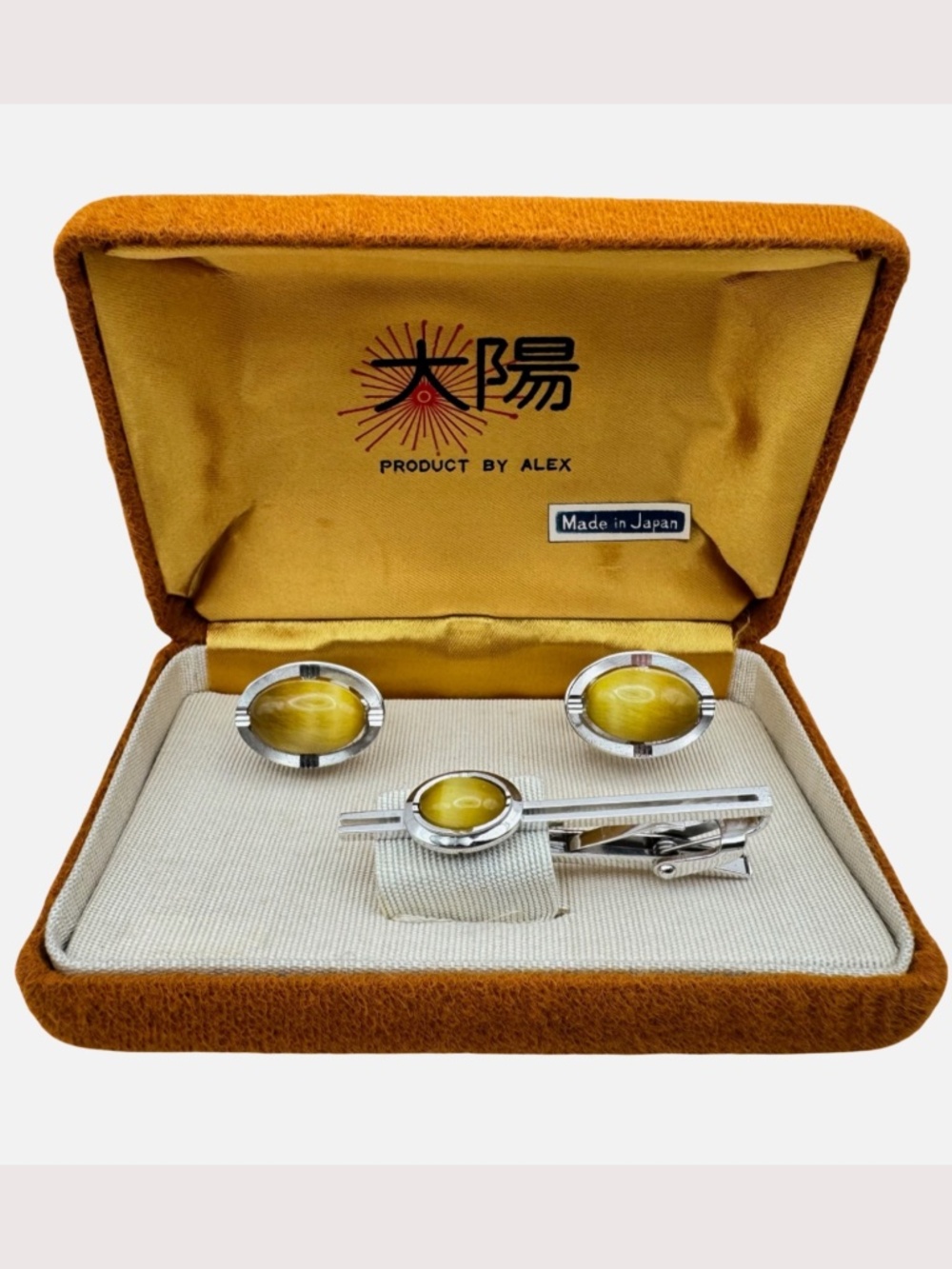 Vintage Yellow Cats Eye Cufflinks Tie Clip Set Silver Tone Japan Mens Formal Box